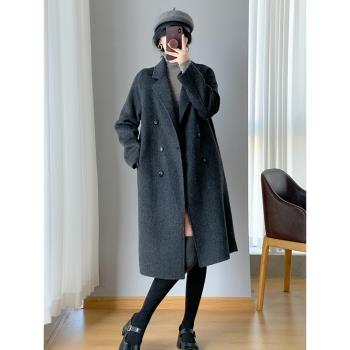 (免運)駱駝絨小個子正肩灰色羊毛大衣女冬韓式雙面羊絨中長款雙面呢外套