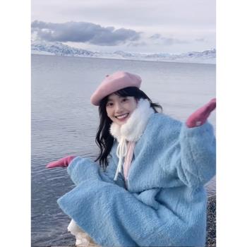 (免運)韓系高階感藍色羊羔毛呢子大衣女冬季加厚保暖氣質中長款毛呢外套