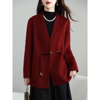 (免運)紅色雙面絨大衣女短款2025年新款國風中式小個子牛角扣羊毛呢外套