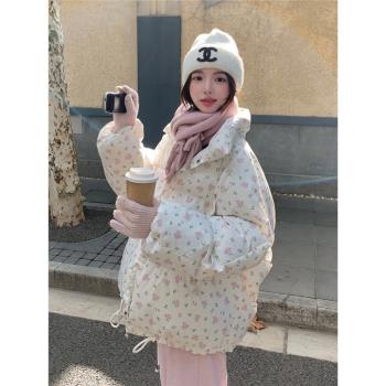 (免運)韓版寬松小碎花羽絨棉服外套女冬季2025年新款小個子加厚保暖棉襖