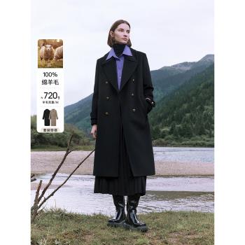 (免運)朗姿純羊毛冬季新款氣質設計感高級感通勤中長款顯瘦毛呢外套上衣
