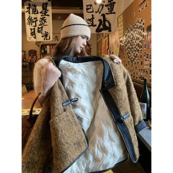 (免運)韓系復古羽絨服內膽毛呢外套女秋冬季2024新款pu皮拼接加厚呢大衣