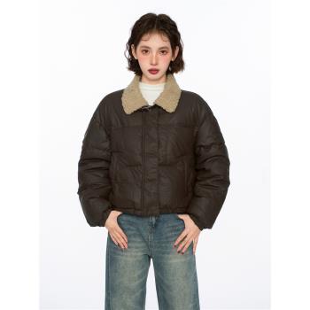 (免運)咖色翻領羊羔毛棉服外套女秋冬冬季短款加絨加厚輕薄保暖棉衣棉襖