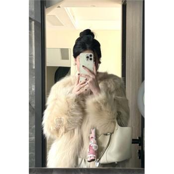 (免運)杏色仿狐貍毛環保皮草女高級感冬季新款洋氣皮毛一體短款毛毛外套