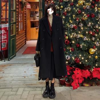 (免運)內膽黑色赫本風正肩呢子羽絨服