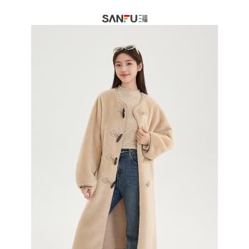 (免運)三福加厚呢子外套2025冬季送圍巾高階感牛角扣毛呢大衣女裝487956