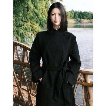 (免運)復古新中式盤扣黑色毛呢外套女春冬季高階感超好看呢子大衣中長款