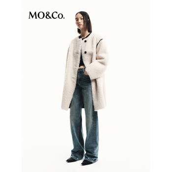 (免運)MOCO小熊絨毛感大衣秋皮質撞邊圓領中長款外套MBD3OVCT08