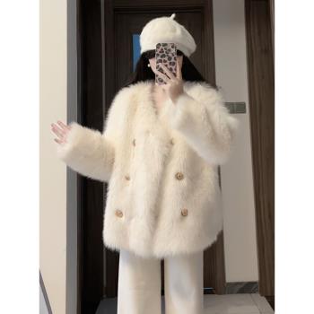(免運)富家千金感小香風皮毛一體環保皮草白色毛毛外套女早春季2025新款