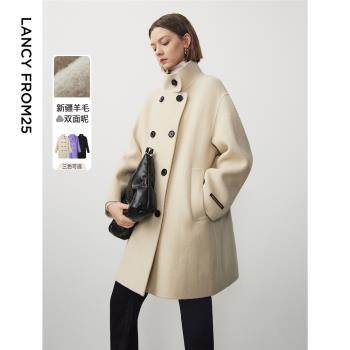 (免運)朗姿羊毛中長款加厚正肩雙面呢毛呢大衣氣質女士新款冬季外套上衣