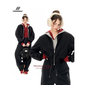 (免運)TurnSignal潮牌短款連帽棉服女秋冬2024新款休閑寬松保暖棉衣外套