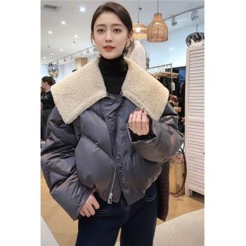 (免運)羊羔絨披肩翻領短款羽絨棉服女新款冬季小個子棉衣棉襖加厚外套