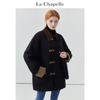 (免運)拉夏貝爾/La Chapelle復古黑色拼接棉服女寬松加厚外套棉衣棉襖