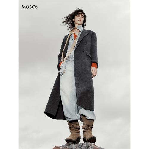 (免運)MOCO毛呢大衣綿羊毛雙面呢墊肩長款H型戧駁領外套摩安珂boxyfit