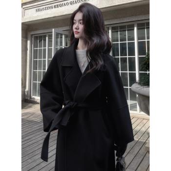 (免運)黑色雙面羊絨大衣女2024秋冬新款加厚羊毛高階中長款系帶毛呢外套
