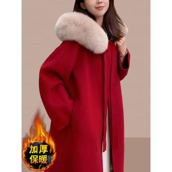 (免運)毛呢外套女加厚大毛領連帽紅色長款呢子大衣2025冬季新款過年戰袍