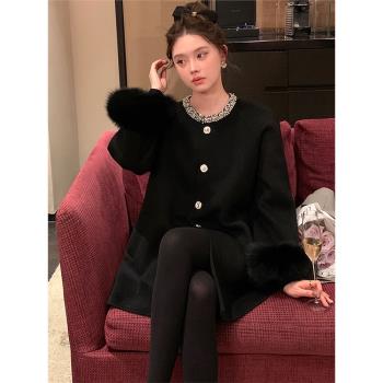 (免運)秋冬韓系高階感超好看小個子斗篷羊絨大衣赫本千金風黑色毛呢外套