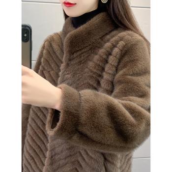 (免運)金貂絨皮草外套女2024冬新款時尚人字紋海寧仿水貂毛立領皮毛一體