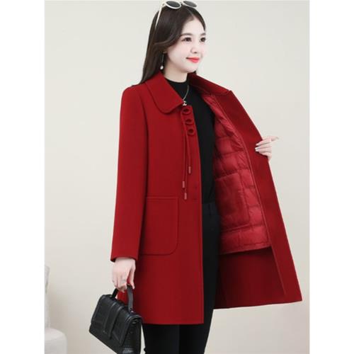 (免運)媽媽裝婚宴紅色雙面毛呢外套中長秋冬闊太太高端奢華品牌國風大衣