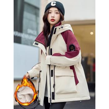 (免運)派克服女加絨加厚2024年新款冬季爆款寬松沖鋒衣工裝戶外棉服外套