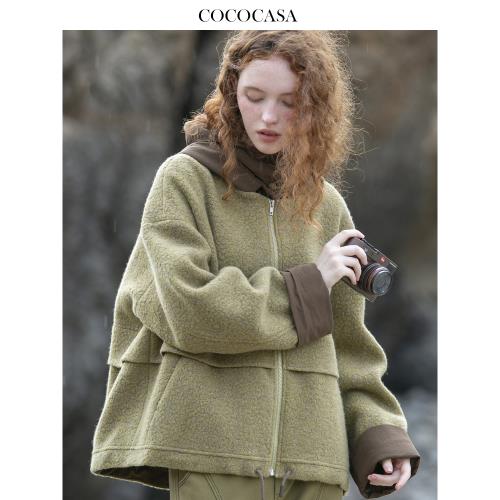 (免運)cococasa原創設計羊毛大衣加絨工裝短外套女2024秋冬新韓版潮上衣