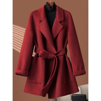 (免運)品牌紅色雙面羊絨大衣女短款2024年冬季西裝領收腰小個子毛呢外套