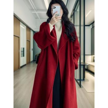 (免運)紅色雙面羊絨大衣女中長款2024秋冬新款加厚寬松高階羊毛毛呢外套
