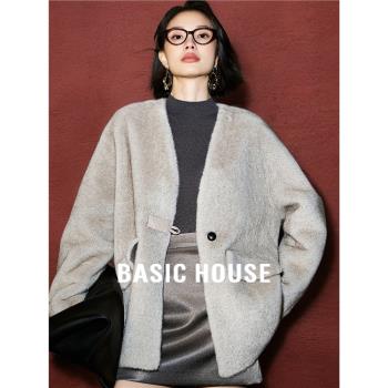 (免運)Basic House/百家好灰色毛毛外套2024秋冬新款高階感環保皮草大衣