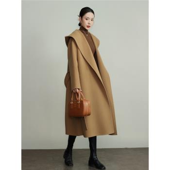 (免運)TT品牌雙面羊毛大衣女2024新款高階感連帽冬季加厚大碼羊毛呢外套