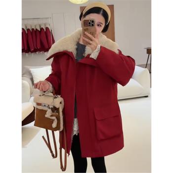 (免運)羊羔毛翻領紅色工裝棉服女2024冬季韓版新款加厚露西同款棉服外套