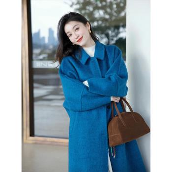 (免運)藍色雙面羊毛呢子大衣女秋冬季2024新款氣質高階感中長款毛呢外套