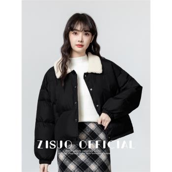 (免運)黑色翻領棉服女冬季2025新款加厚保暖羊羔毛領麵包服外套短款上衣