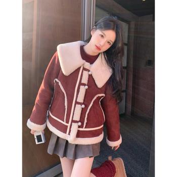 (免運)酒紅色羊羔毛外套女2024冬季本命新年超好看加絨加厚皮毛一體棉衣