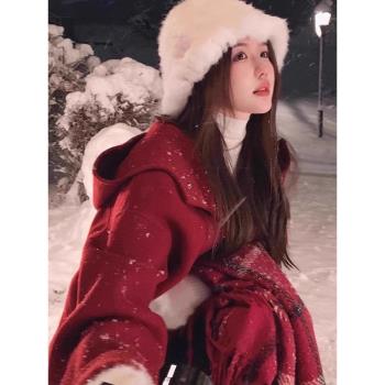 (免運)2025新款中國風復古紅色連帽呢子大衣女高級感小個子雙面毛呢外套