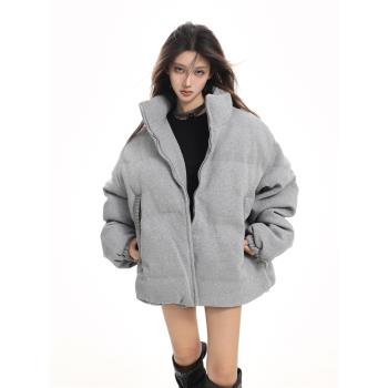 (免運)美式灰色立領棉服女2024年新款冬季高階感加厚麵包派克服夾棉外套