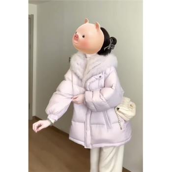 (免運)紫色大毛領羽絨棉服女新款冬季高階感超好看小個子夾棉連帽厚外套