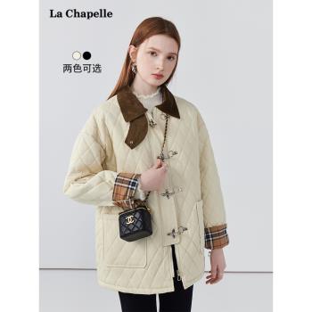 (免運)拉夏貝爾春季新款燈芯絨翻領拼接菱格加厚棉服外套女通勤簡約上衣