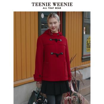 (免運)TeenieWeenie小熊女裝紅色連帽毛呢大衣冬季時尚氛圍感基礎款外套