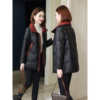 (免運)2024新款冬季時尚真皮羽絨服皮衣女中長款媽媽氣質減齡綿羊皮外套