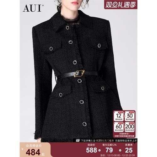 (免運)AUI黑色小香風修身毛呢外套女2025冬季新款設計感收腰上衣加羽絨