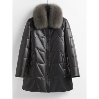 (免運)法歌弟海寧真皮皮衣女白鵝絨2024秋冬季百搭外套加厚羽絨服中長款