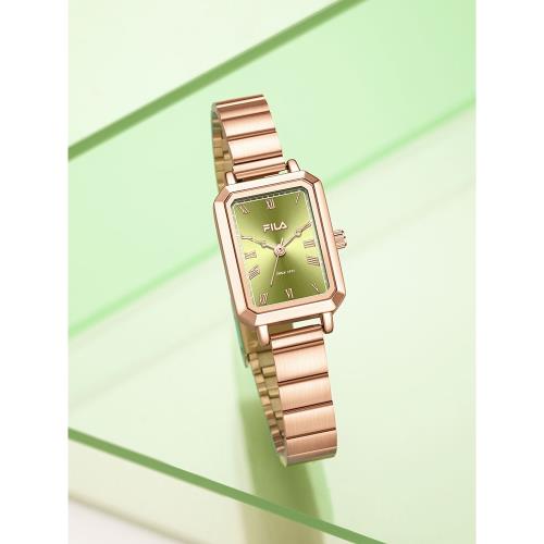 (免運)FILA斐樂復古女款手表鋼帶小方表綠表送女生朋友禮物腕表禮盒6512