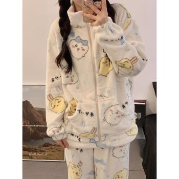 吉伊卡哇珊瑚絨睡衣女款秋冬季烏薩奇小八可愛加絨加厚套裝家居服