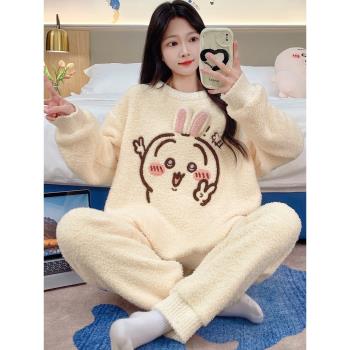 珊瑚絨睡衣女秋冬季半邊絨吉伊卡哇卡通可愛冬款法蘭絨家居服套裝