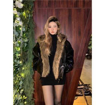 珍珍很懶兩面穿美式座山雕pu皮面廓形冬季加厚保暖女短款棉服外套