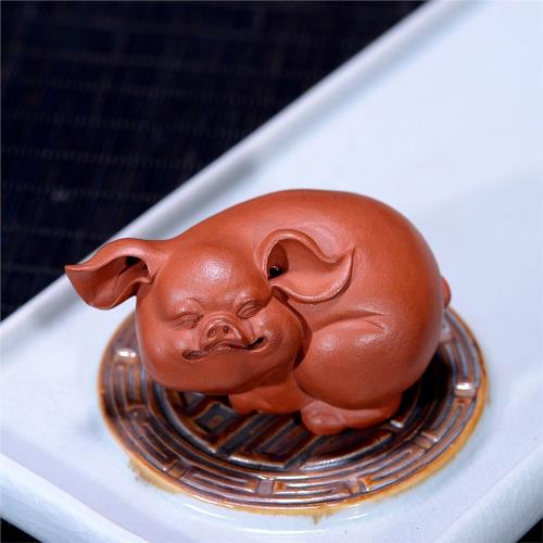 宜興紫砂茶寵擺件手工子夜豬擺件生肖豬精品可養茶玩創意茶具雕塑|茶寵