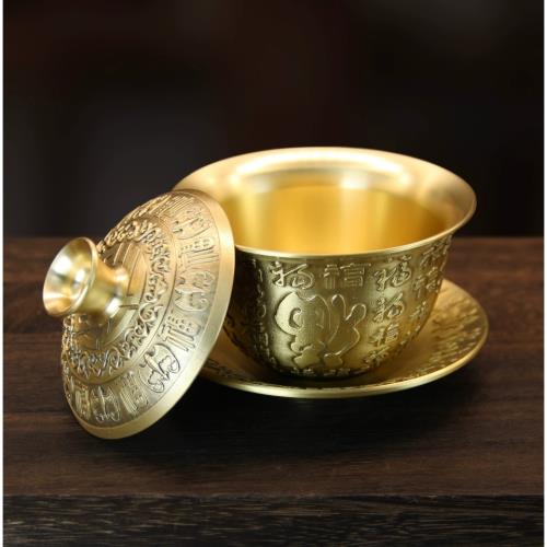 銅器 中国茶器 龍鳳呈祥銅鎏金三才蓋碗 茶碗 カップ 工芸品 置物 銅器 中国茶器 龍鳳呈祥銅?金三才蓋碗 茶碗 カップ 工芸品 置物