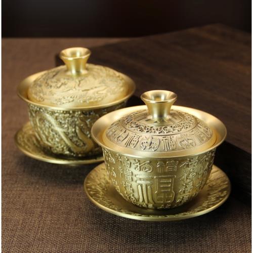 銅器 中国茶器 龍鳳呈祥銅鎏金三才蓋碗 茶碗 カップ 工芸品 置物 銅器 中国茶器 龍鳳呈祥銅?金三才蓋碗 茶碗 カップ 工芸品 置物