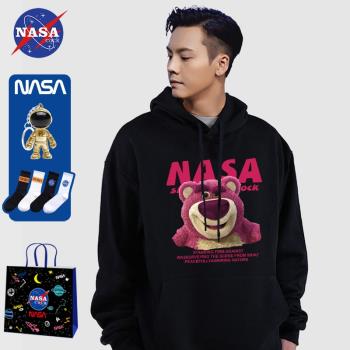 NASA聯名潮牌秋冬薄款連帽衛衣男女情侶寬松草莓熊加絨長袖上衣