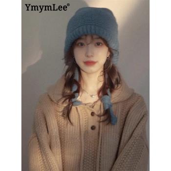 YmymLee日本設計師聯名款毛線帽子女秋冬季保暖毛絨針織護耳帽潮